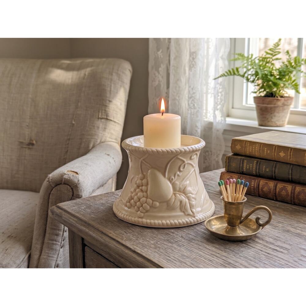 Vintage Hallmark Cream Ceramic Pillar Candle Holder | Embossed Fruit & Vine